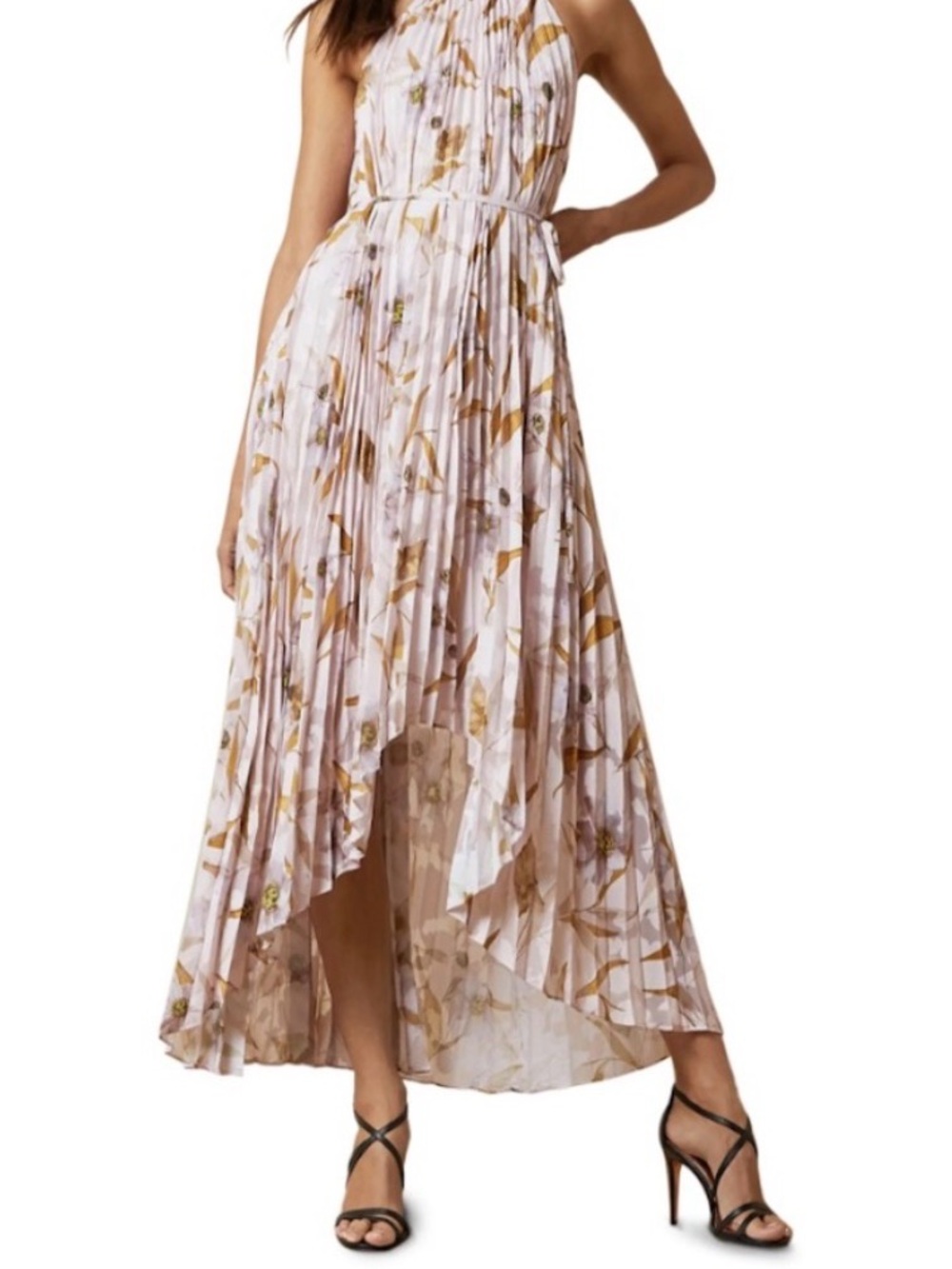 Ted Baker London Pleated Floral High-Low Skirt - Blush and Gold